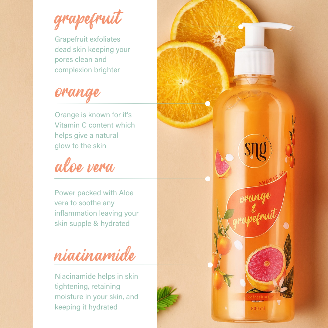 Orange & Grapefruit Shower Gel + Aloevera and Vitamin E Light Hydra Boost Body Lotion + Honey & Saffron Facewash (500ml + 150ml + 300ml)