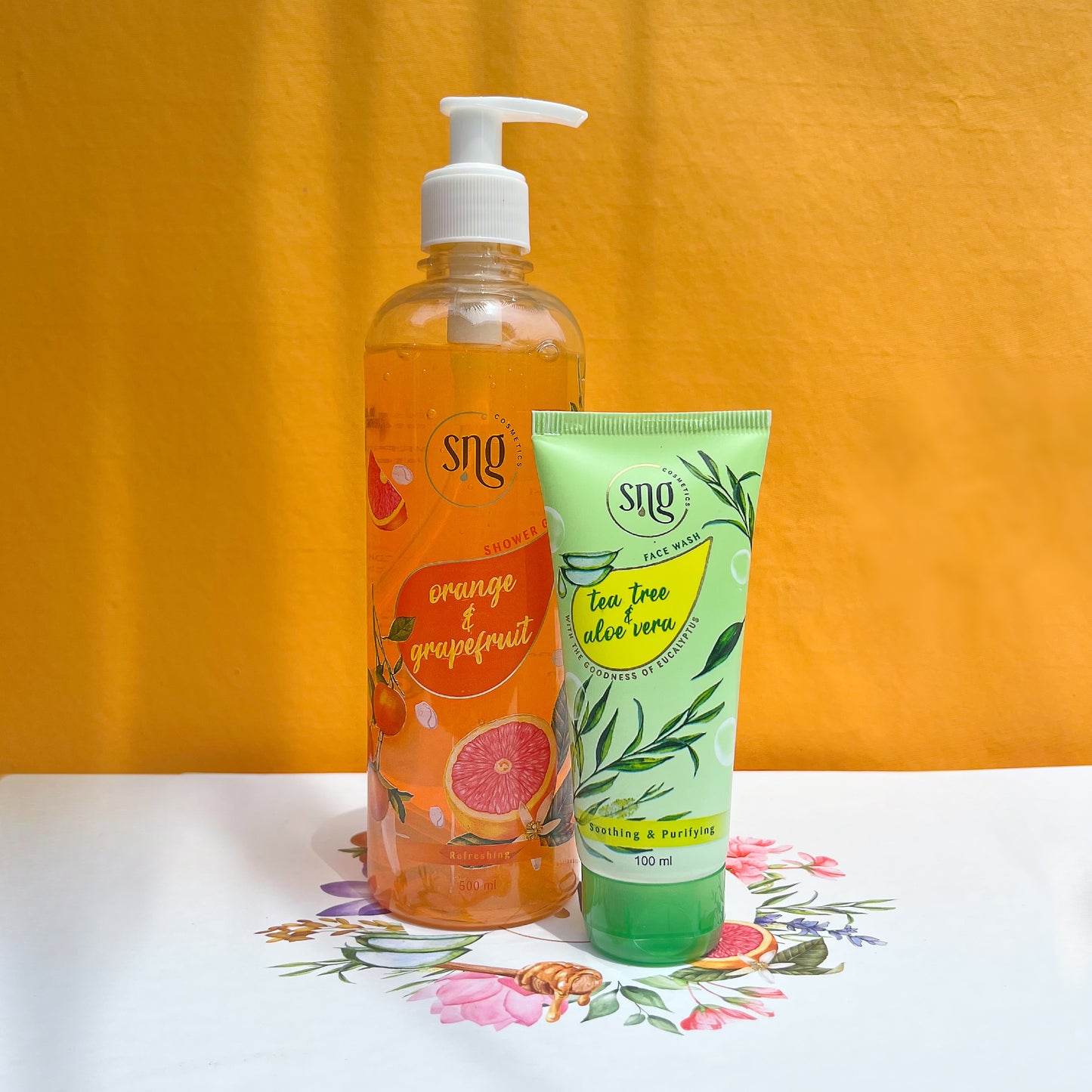 Orange & Grapefruit Shower Gel + Tea Tree & Aloevera Facewash (500ml + 100ml)