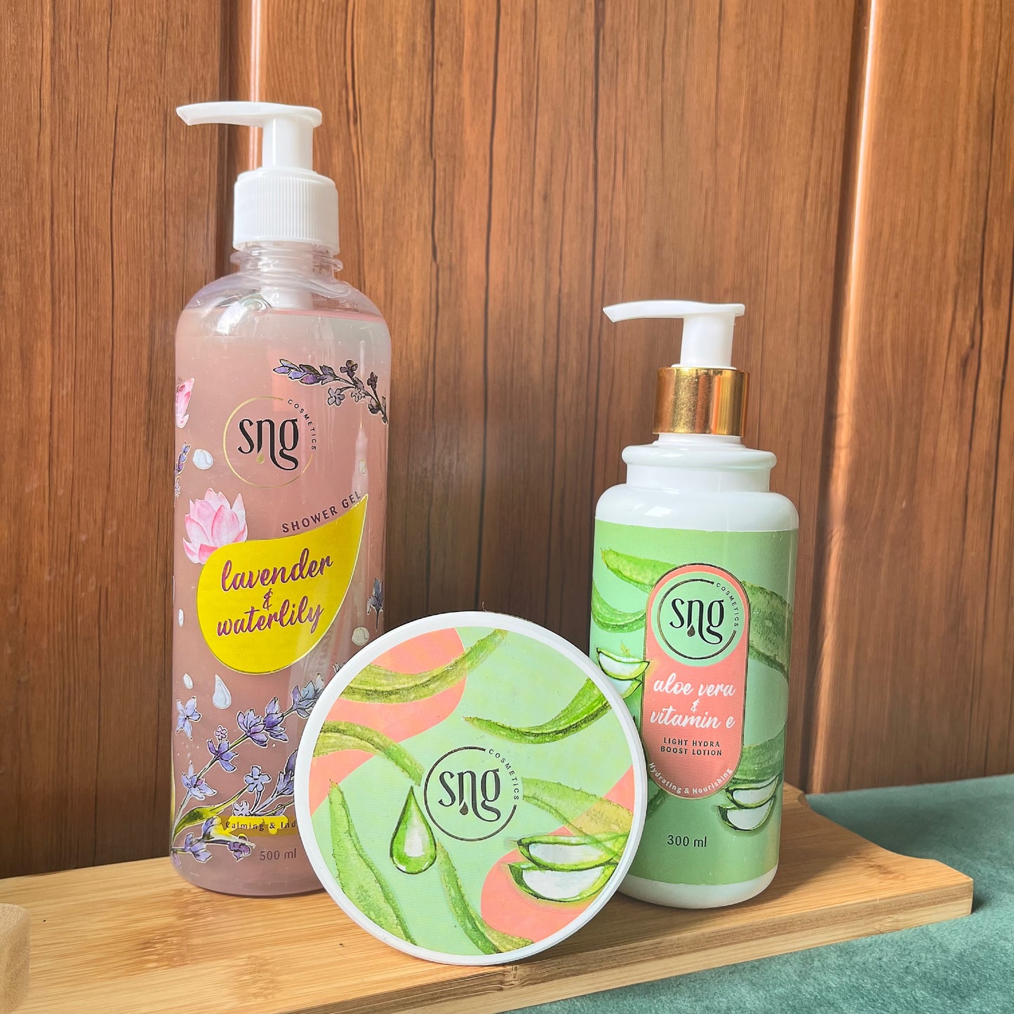 Lavender and Waterlily Shower Gel + Aloevera and Vitamin E Light Hydra Boost Face Moisturiser + Body Lotion (500ml + 150ml + 300ml)