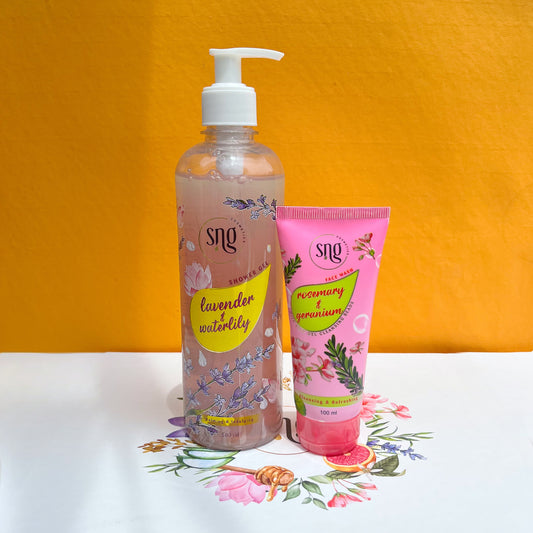 Lavender and Waterlily Shower Gel + Rosemary and Geranium Facewash (500ml + 100ml)