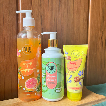 Orange & Grapefruit Shower Gel + Aloevera and Vitamin E Light Hydra Boost Body Lotion + Honey & Saffron Facewash (500ml + 150ml + 300ml)