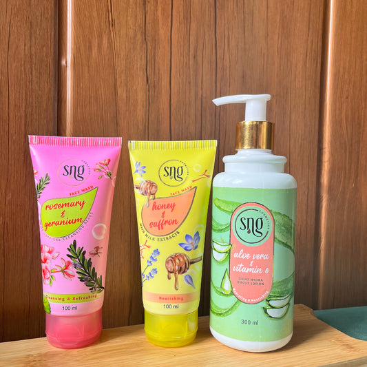 Honey & Saffron Facewash + Rosemary & Geranium Facewash + Aloevera & Vitamin E Body Lotion (100ml + 100ml + 300ml)